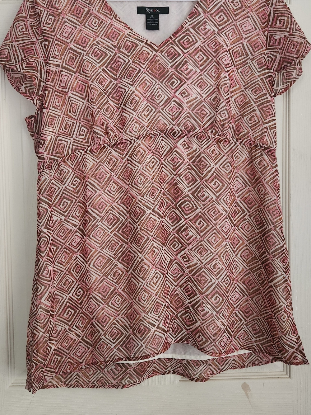 Style & Co. Pink and Brown Geometric V-Neck Blouse